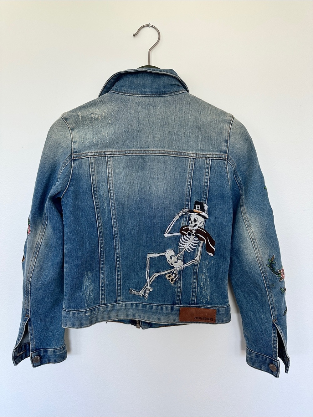 Zadig & Voltaire Light Wash Denim Embroidered Jacket with Animal Floral Skeleton - Picture 6 of 11